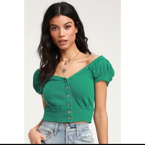 FREE PEOPLE Green Brighter Days Button Front Crop - Picture 1 of 7
